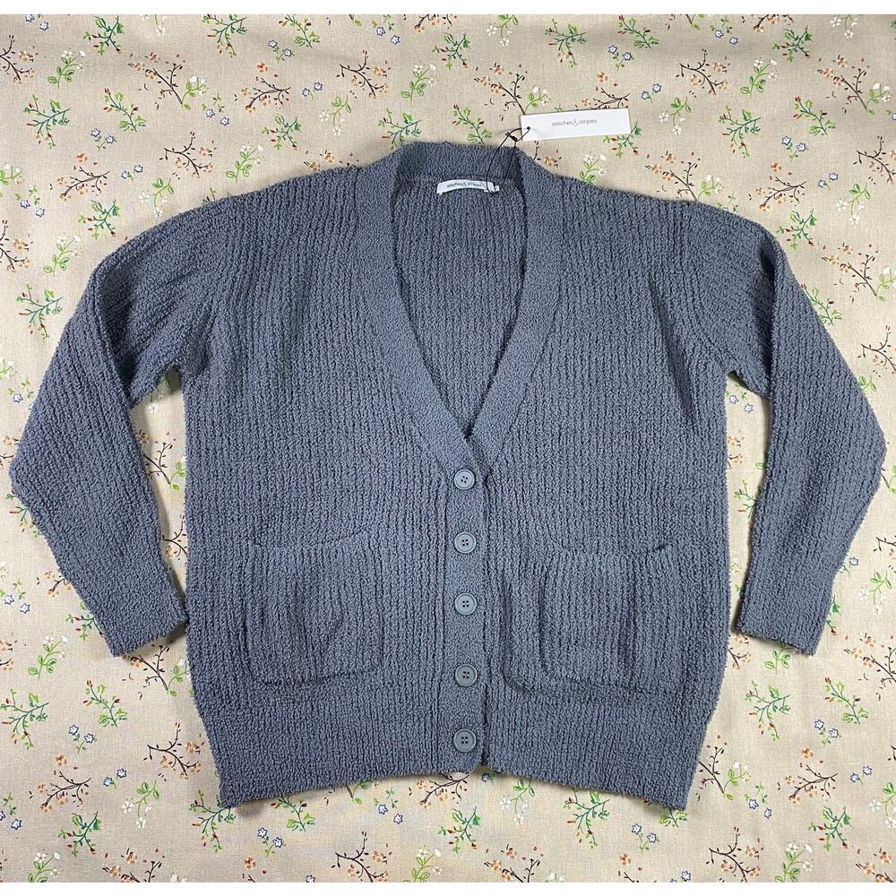 Stitches & Stripes Fluffy Rib Knit Cardigan Gray Small Oversize Cozy Soft V Neck